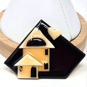 VINTAGE 1990S LUCINDA LUCITE BROOCH PIN ACCESSORY BLACK CREAM HOME HEART JEWELRY